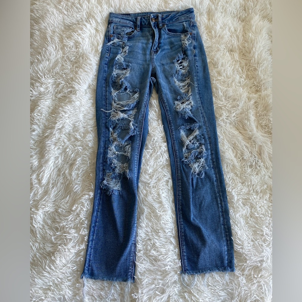 American Eagle Outfitters Distressed High Rise Blue Skinny Jeans Raw Hem  Size 4